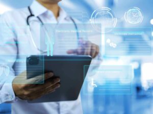 doctor using a tablet - holographic images on the screen