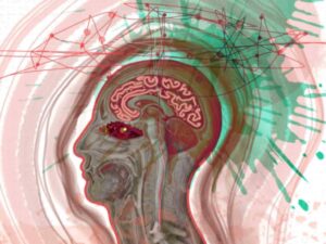 painting of human head showing the brain