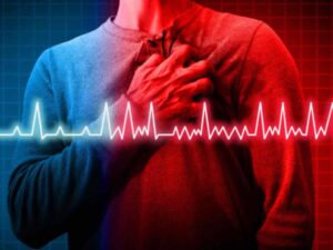 man with hand on chest - ECG line in front