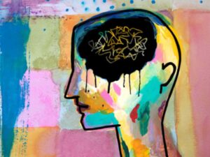 drawing of a human head with brain in black bleeding