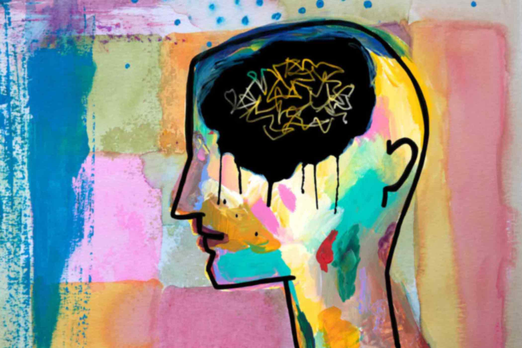 Caring-for-Patients-with-Mental-Health-Disorders drawing of a human head with brain in black bleeding
