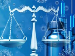 scale of justice on a blue background