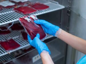 nurse with gloves holding a blood bag